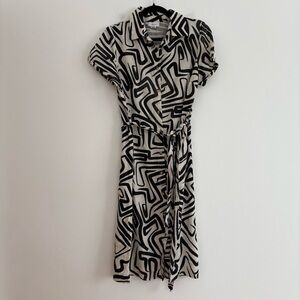Japna Flax Cotton Shirt Dress Button Front Tie Waist Black White Geometric Large